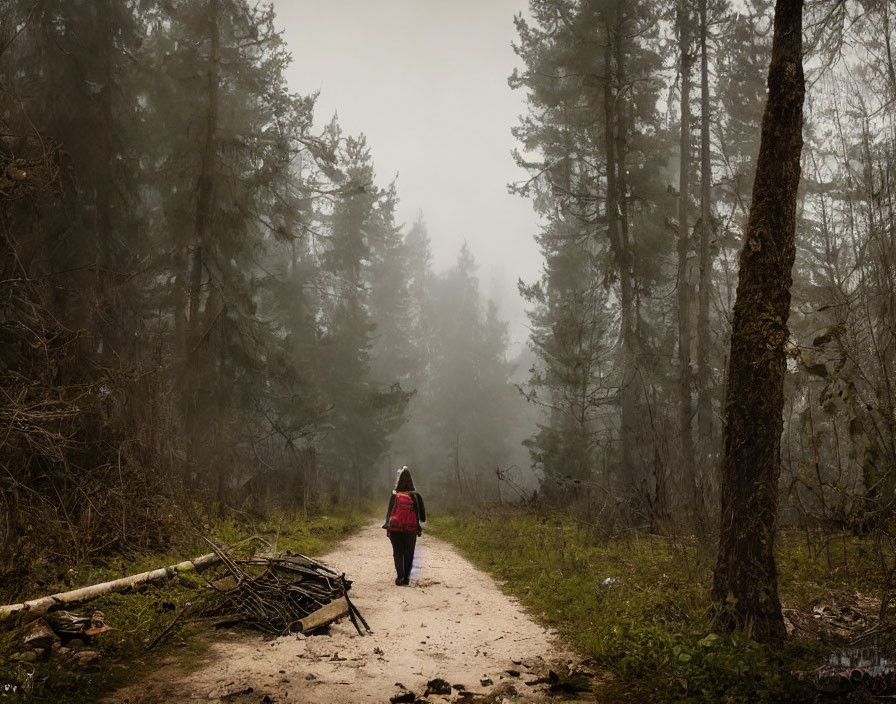 Person with Red Backpack Walking on Foggy Forest Path