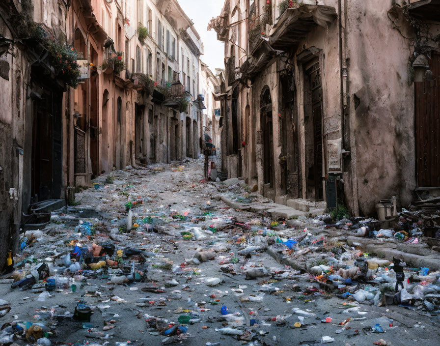 Urban street scene with litter, dilapidated buildings, and lone figure