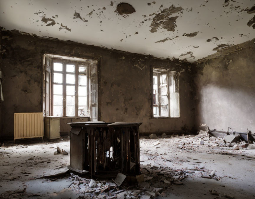 Desolate room with peeling walls and broken table