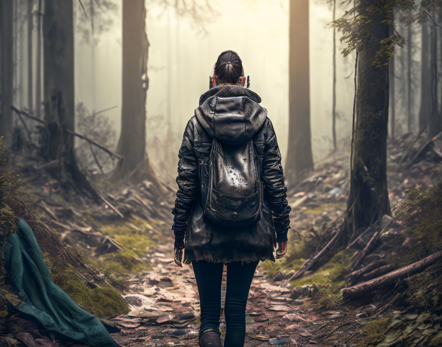 Person with backpack in misty forest, facing away, with light filtering through trees.