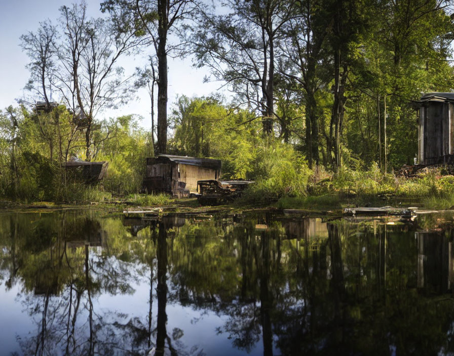 Tranquil lake scene with wooden shacks and lush greenery