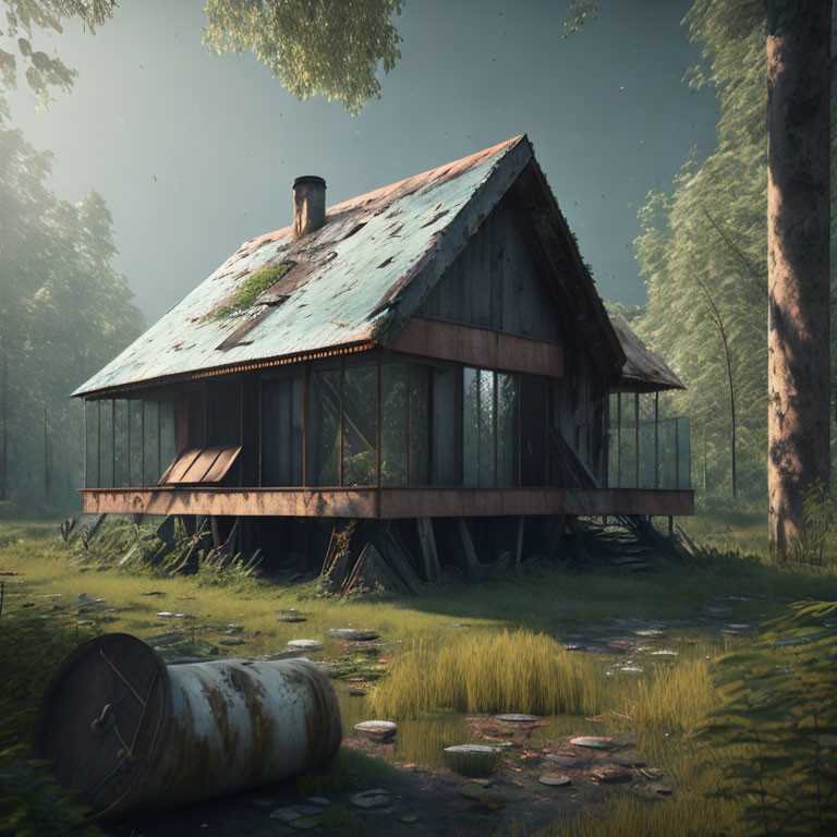 Weathered cabin with mossy roof in serene forest clearing and old barrel.