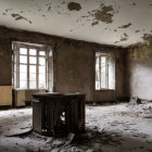 Desolate room with peeling walls and broken table