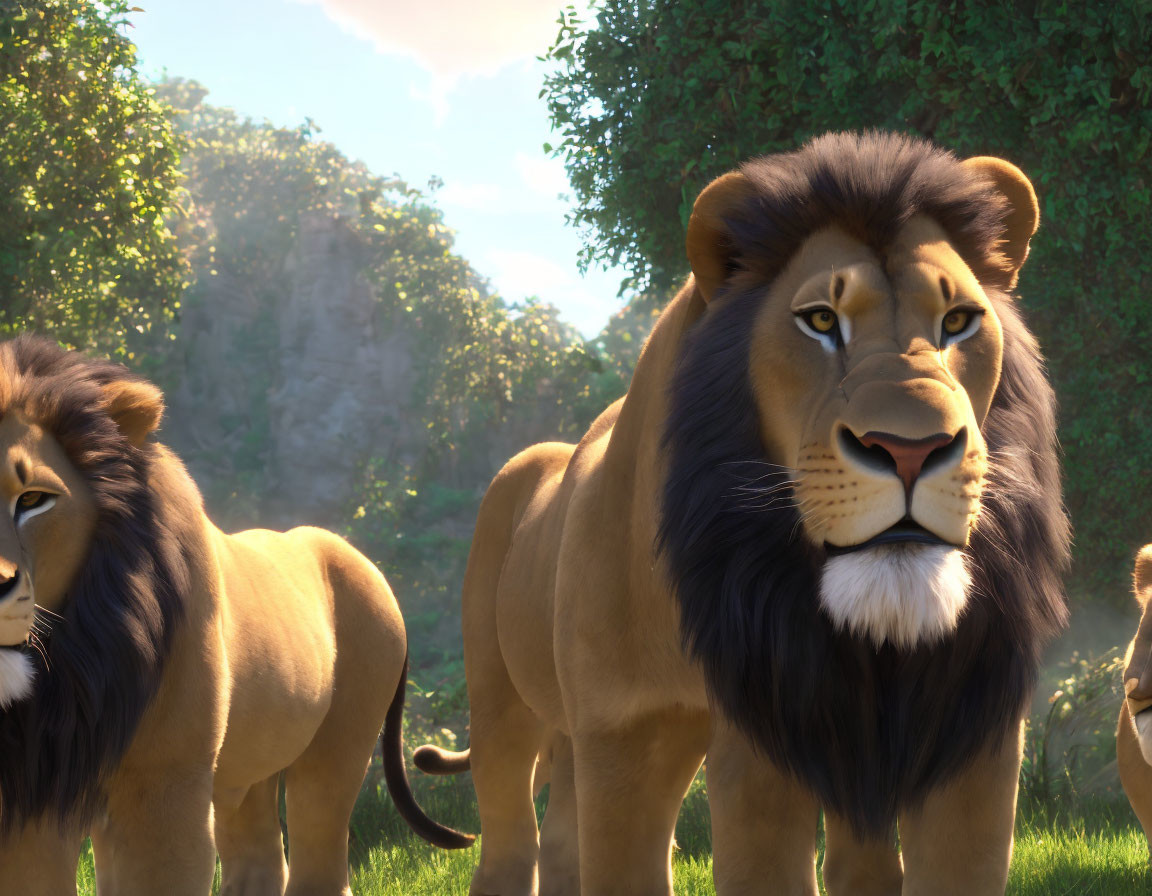 Detailed 3D animated pride of lions with prominent male lion and full mane in foreground.