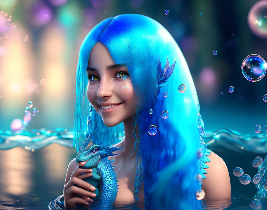 Blue-haired woman with dragon in fantastical setting surrounded by bubbles