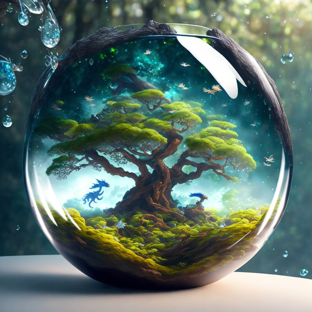 Majestic tree in broken terrarium with cosmic background