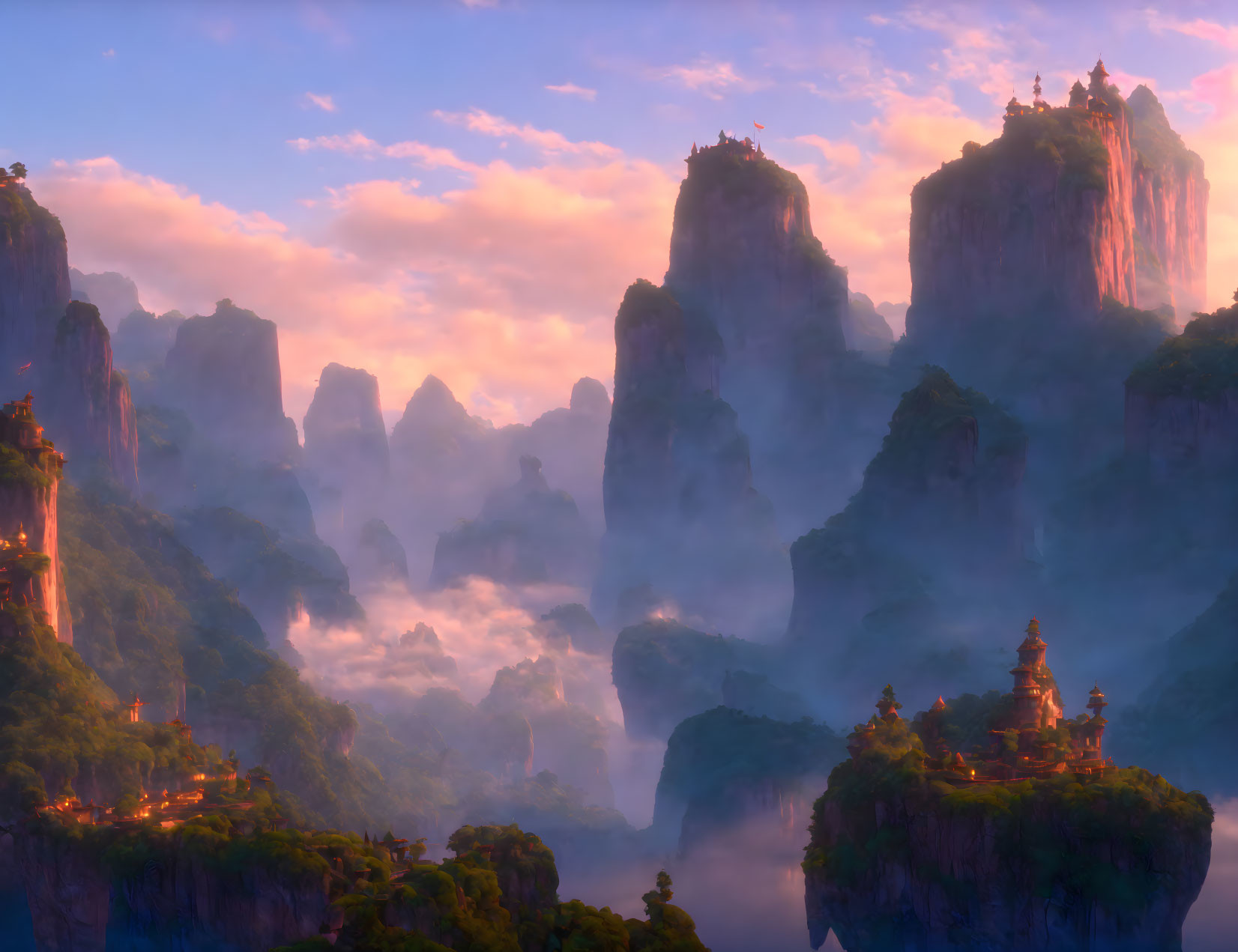 Misty mountains and Asian pagodas in colorful sky
