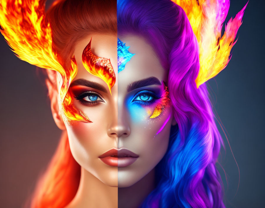 Split image of woman with fire and ice makeup and hair contrast.