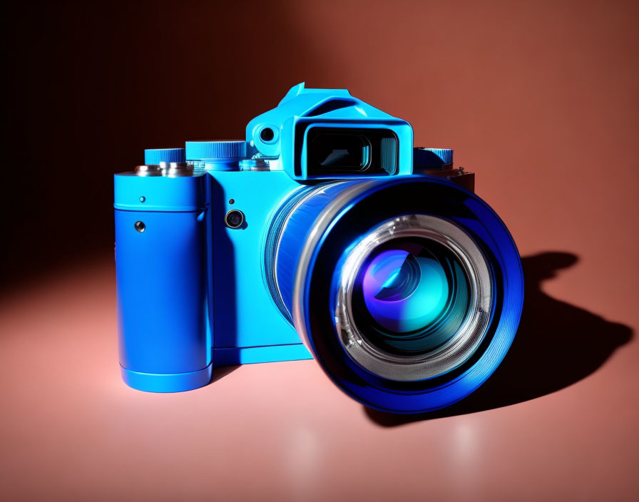 Vintage-Style Blue Camera with Large Lens on Pinkish-Brown Background