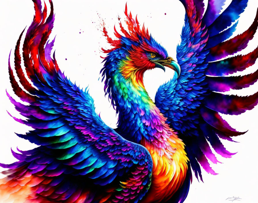 Colorful Fantastical Bird with Outstretched Wings in Vibrant Hues