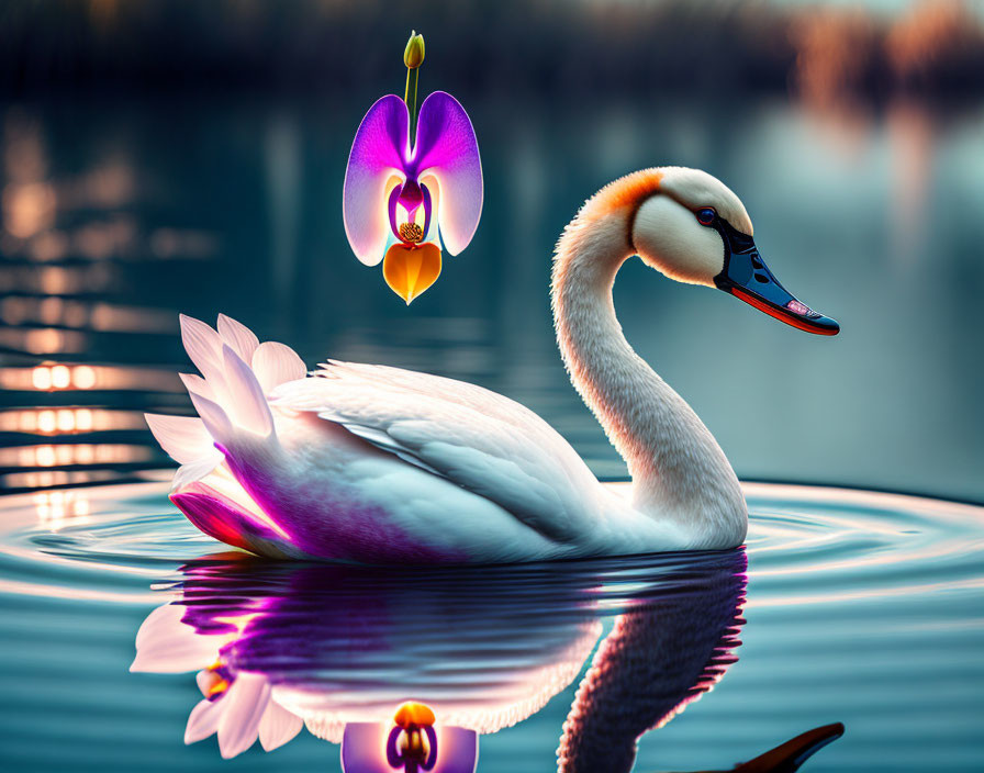 Swan and purple orchid reflecting on water at dusk