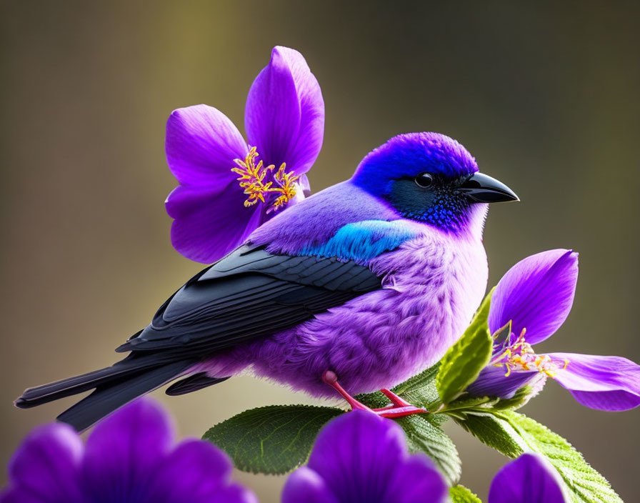 Colorful Purple Bird Perched on Branch Among Pink Flowers