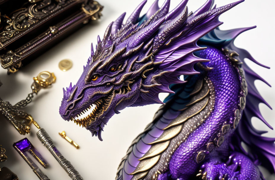 Detailed Purple Dragon Figurine with Golden Eyes and Gothic Trinkets on Light Background