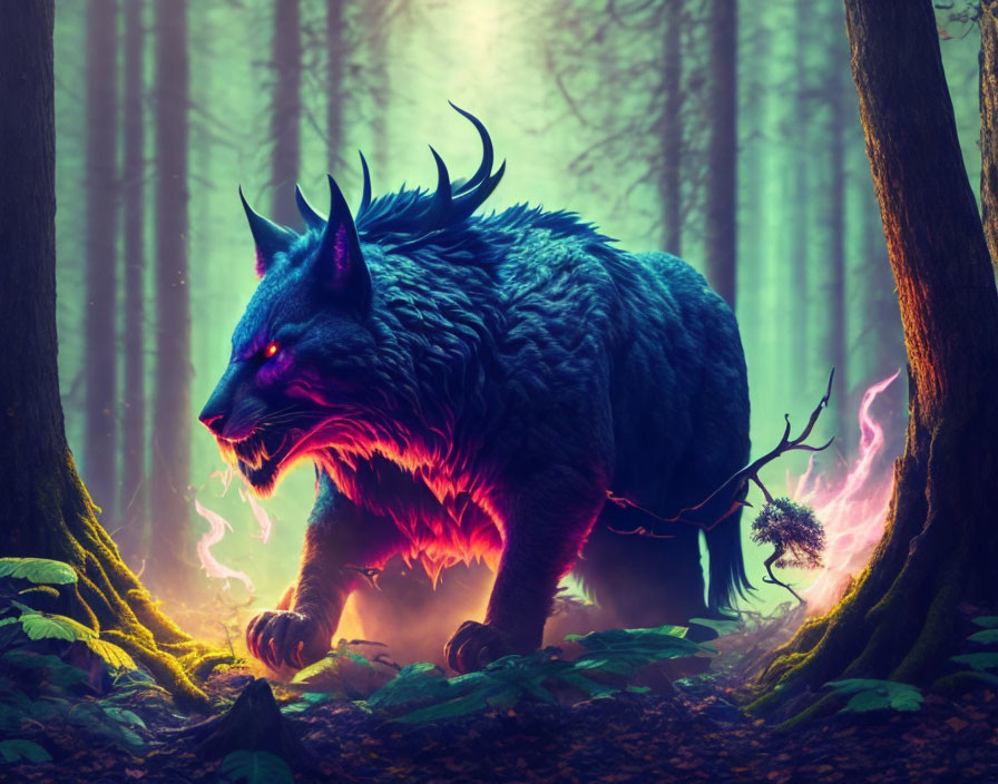 Menacing mythical wolf with red eyes and horns in mystical forest