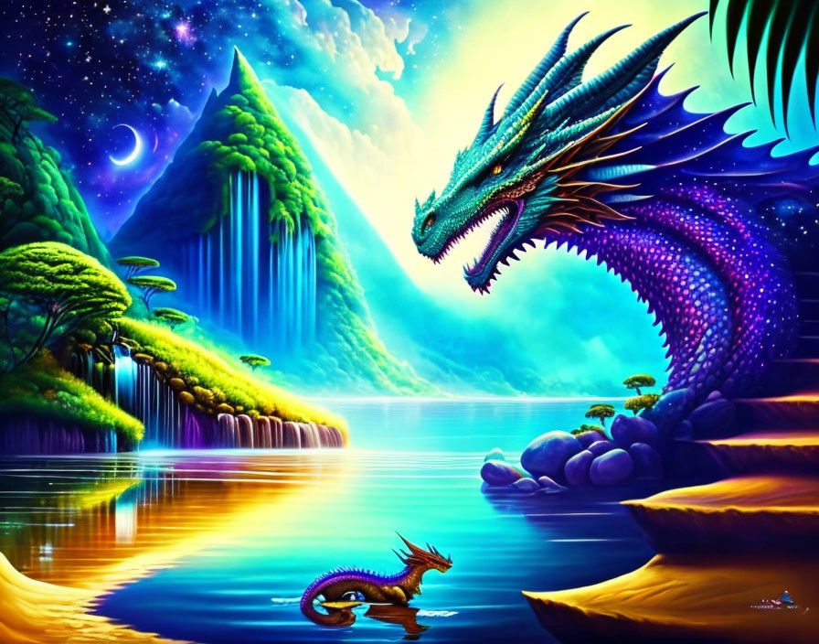 Majestic blue dragon in vibrant fantasy landscape