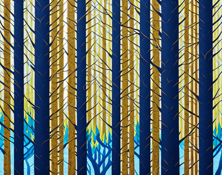 Abstract Blue and Gold Forest Pattern with Vertical Tree-Like Lines