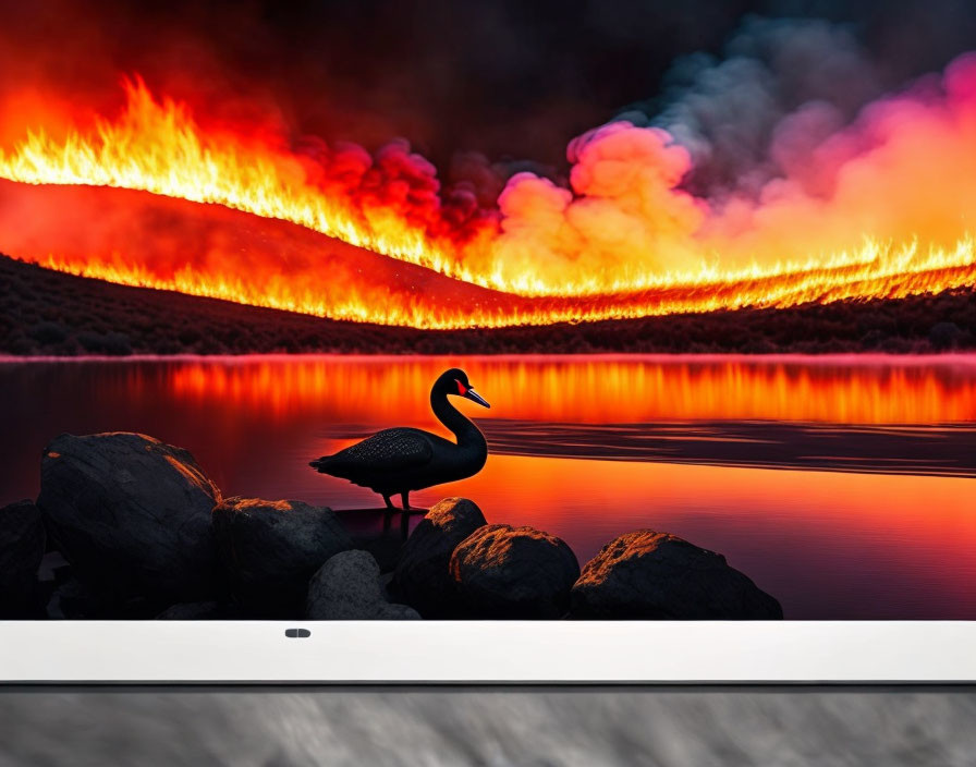 Duck silhouette in fiery landscape with wildland fire reflected in water