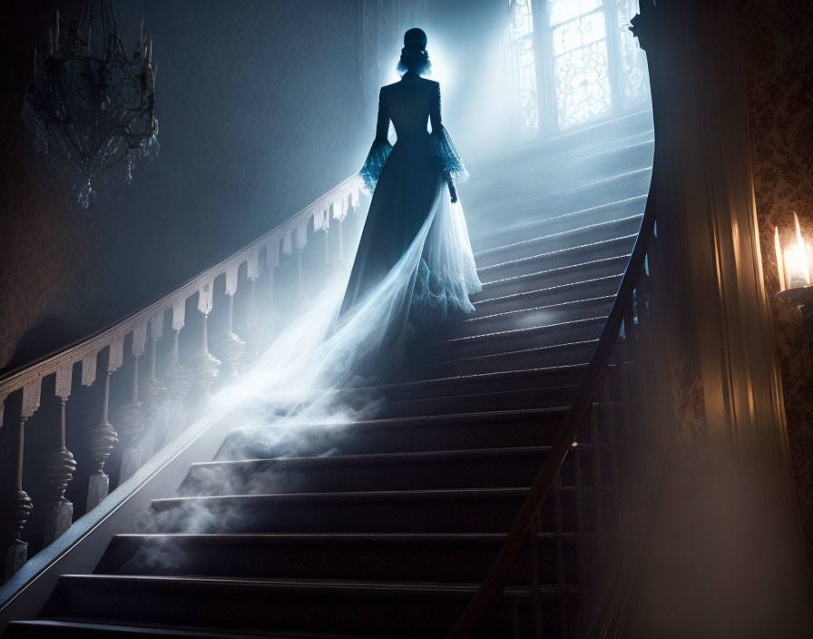 Woman in flowing gown on grand staircase in moody, gothic setting