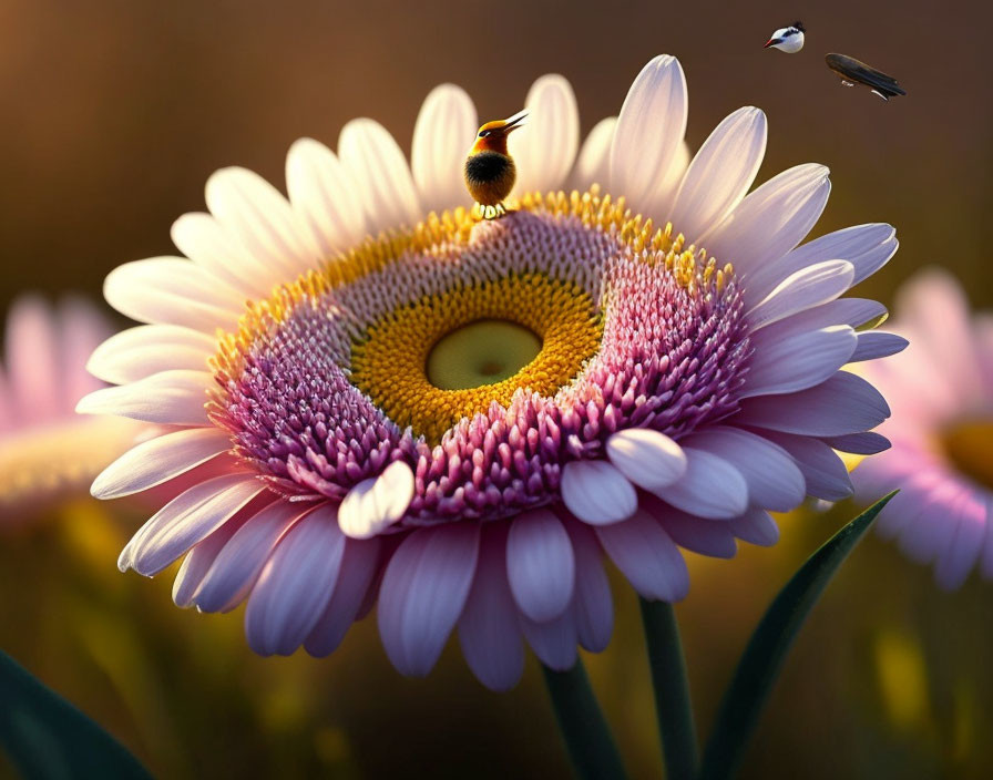 Colorful Gerbera Daisy with Bumblebee and Flying Insect on Warm Background