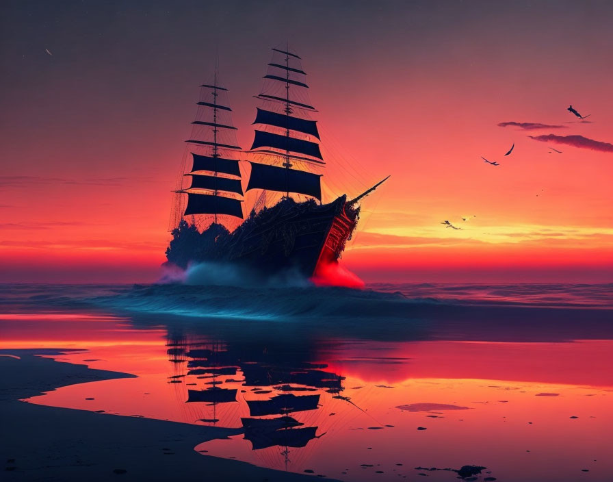 Sailing ship with billowing sails on red and purple seas at sunset