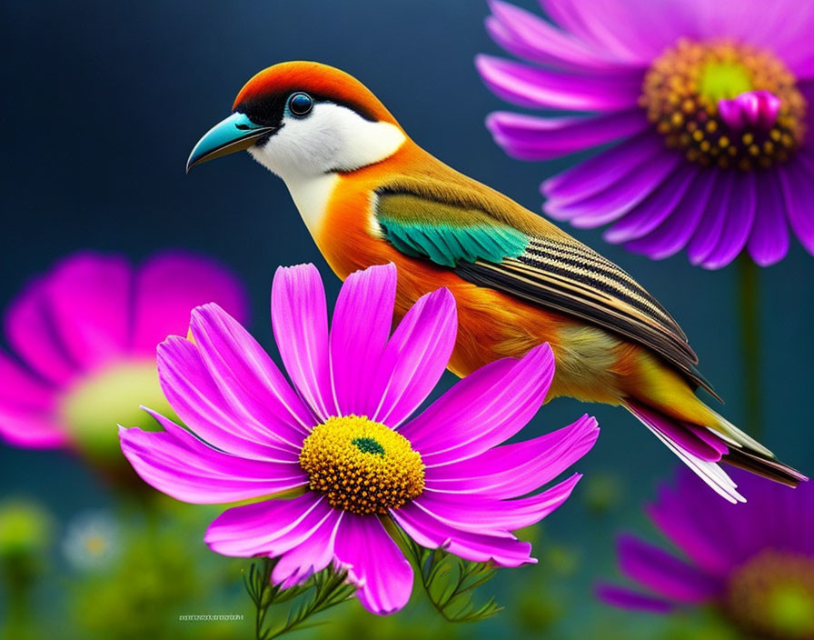 Colorful Bird Perched on Pink Flower Against Blue Background