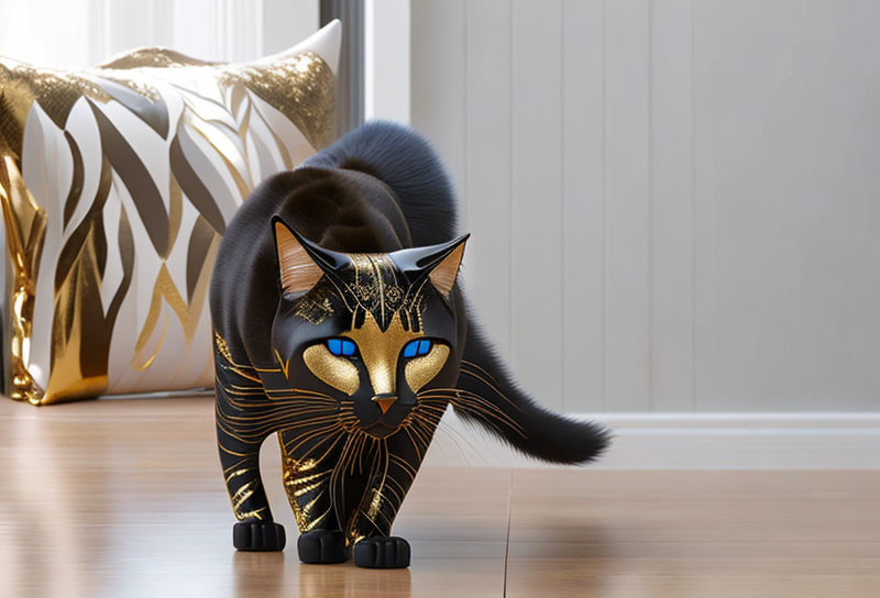 Black Cat with Gold Patterns and Blue Eyes on Wooden Floor