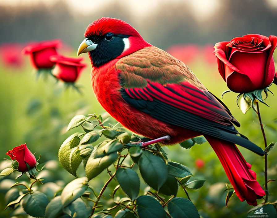 Red cardinal bird on blooming red roses with greenery background