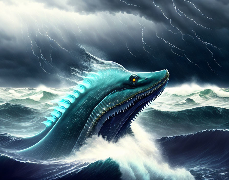 Giant glowing sea monster emerges from stormy ocean waves