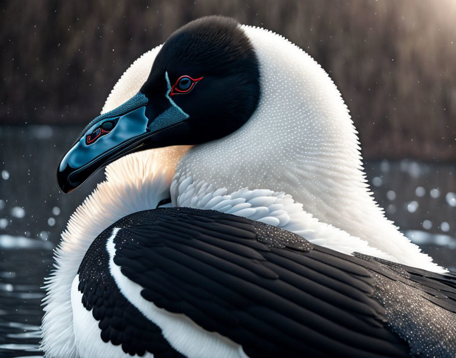 Black and white bird with blue and red beak and white feather texture on blurred background.
