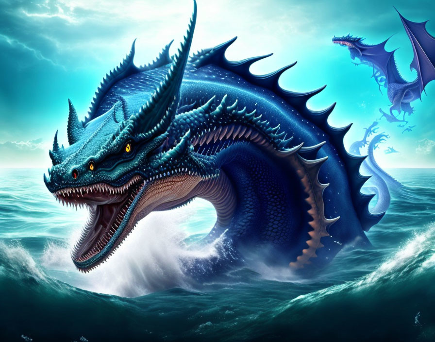 Blue dragon emerges from ocean waves with soaring companions