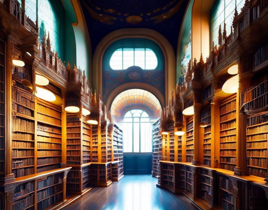 Spacious library room with tall wooden bookshelves and arched windows