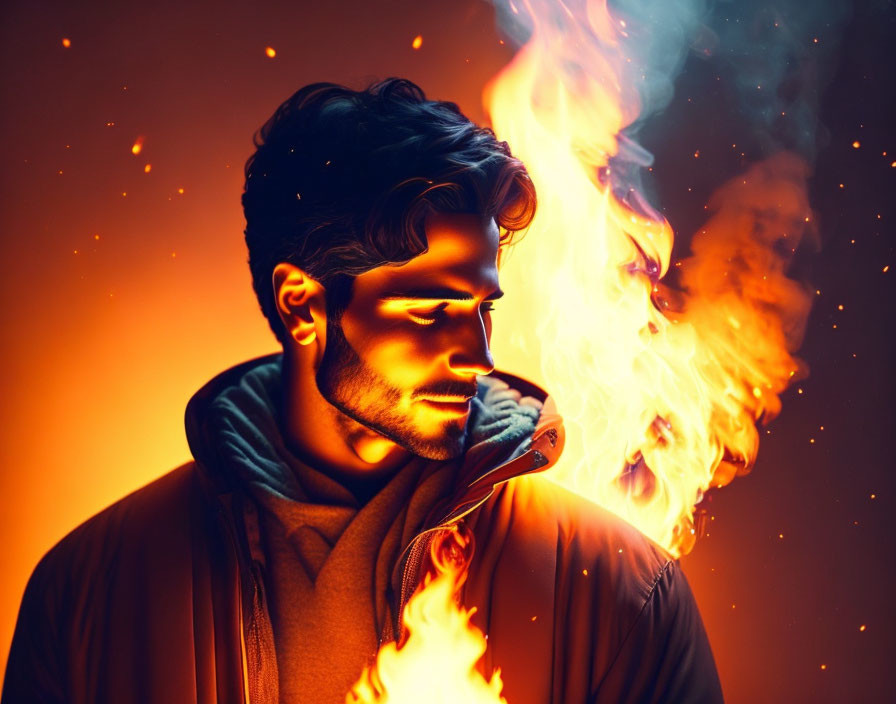 Man's Portrait with Fiery Glow and Dramatic Flames