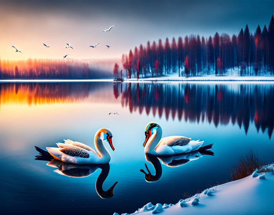 Tranquil sunset scene: swans, lake, trees, birds, orange-blue sky