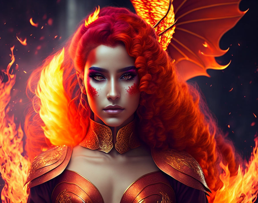 Fantasy-themed digital artwork: Woman with red hair, orange wings, and flames.