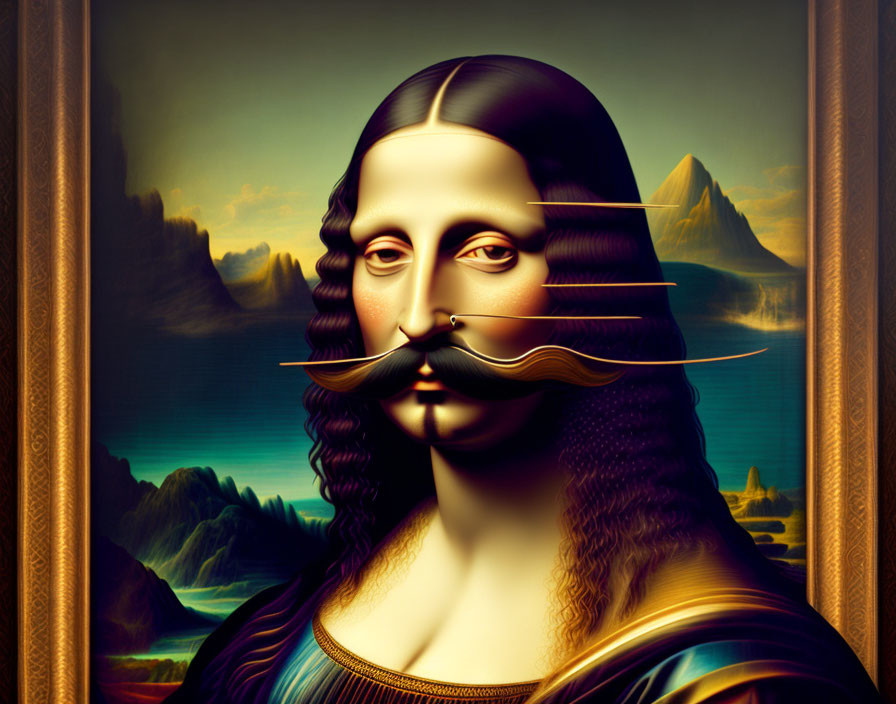 Surreal artwork of layered Mona Lisa against mountain backdrop