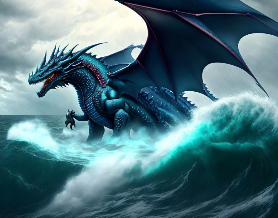 Giant Blue Dragon Emerges from Stormy Ocean with Humanoid on Surfboard