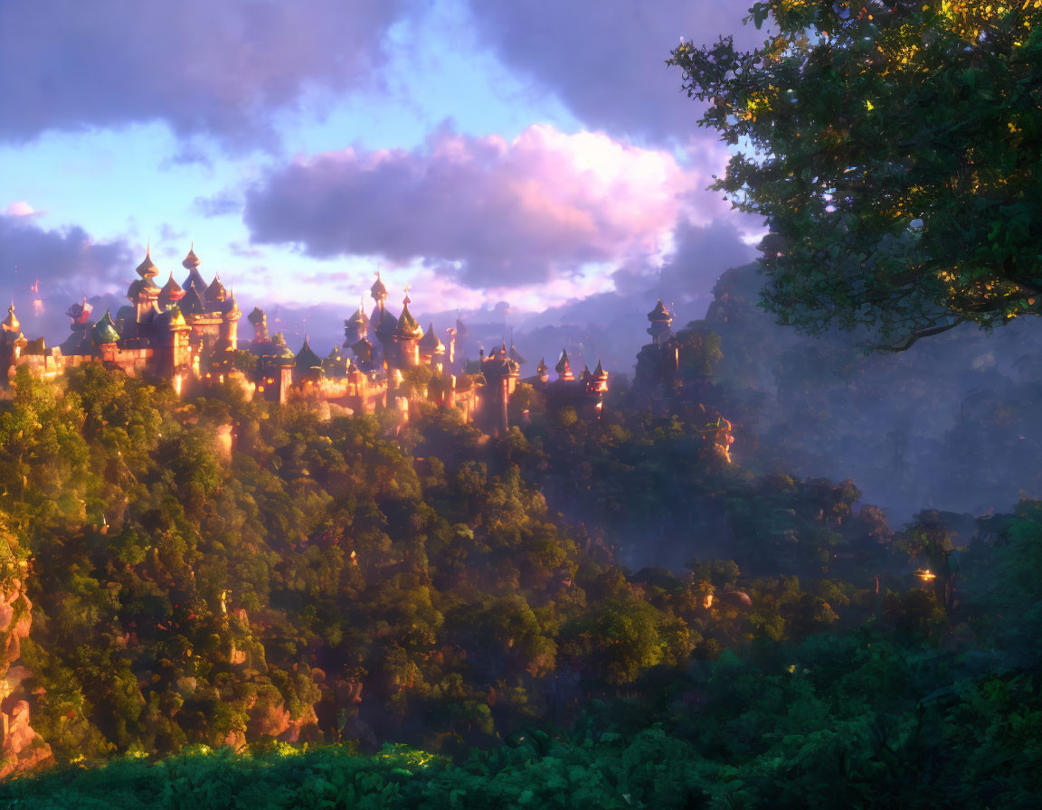 Enchanted castle in lush forest at sunset