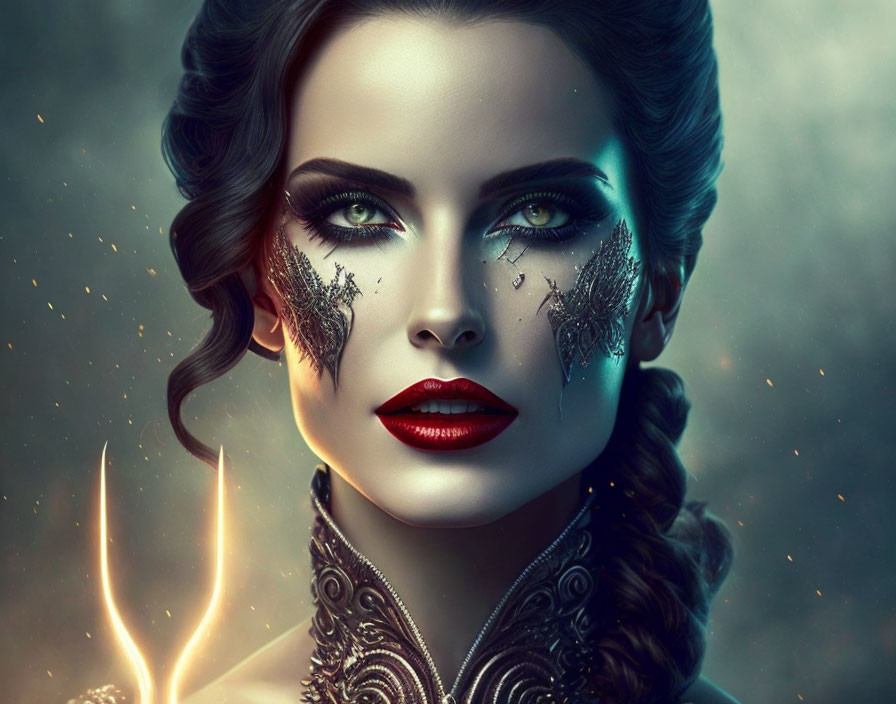 Stylized portrait of woman with green eyes, bold makeup on moody background