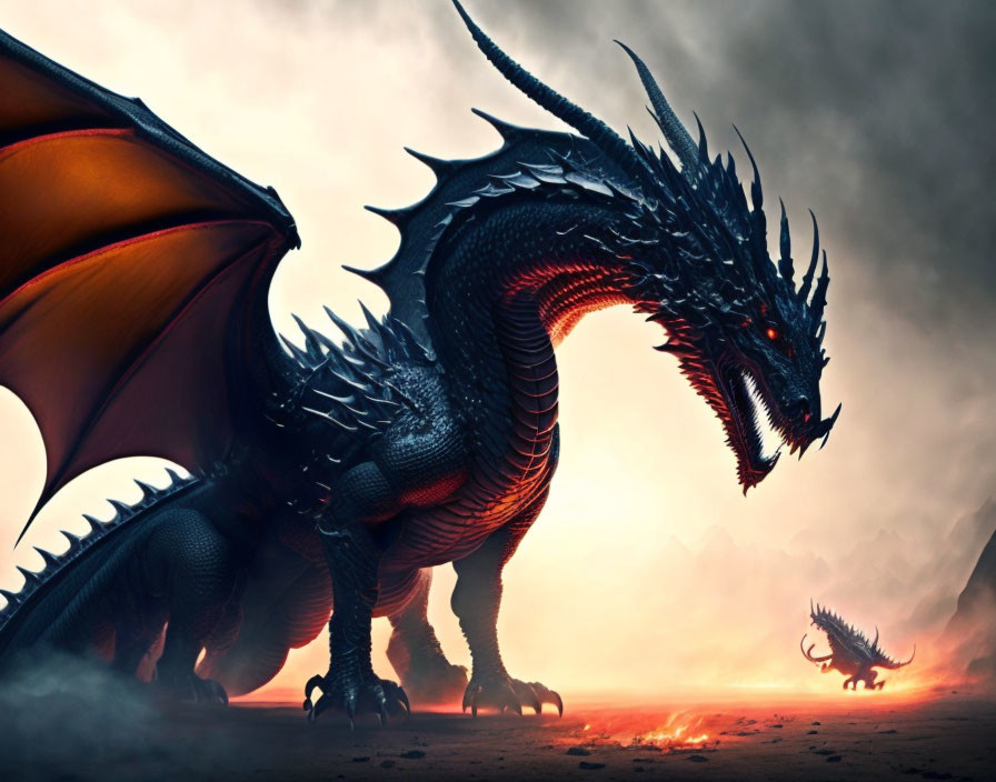 Black dragon with red wings in misty landscape.