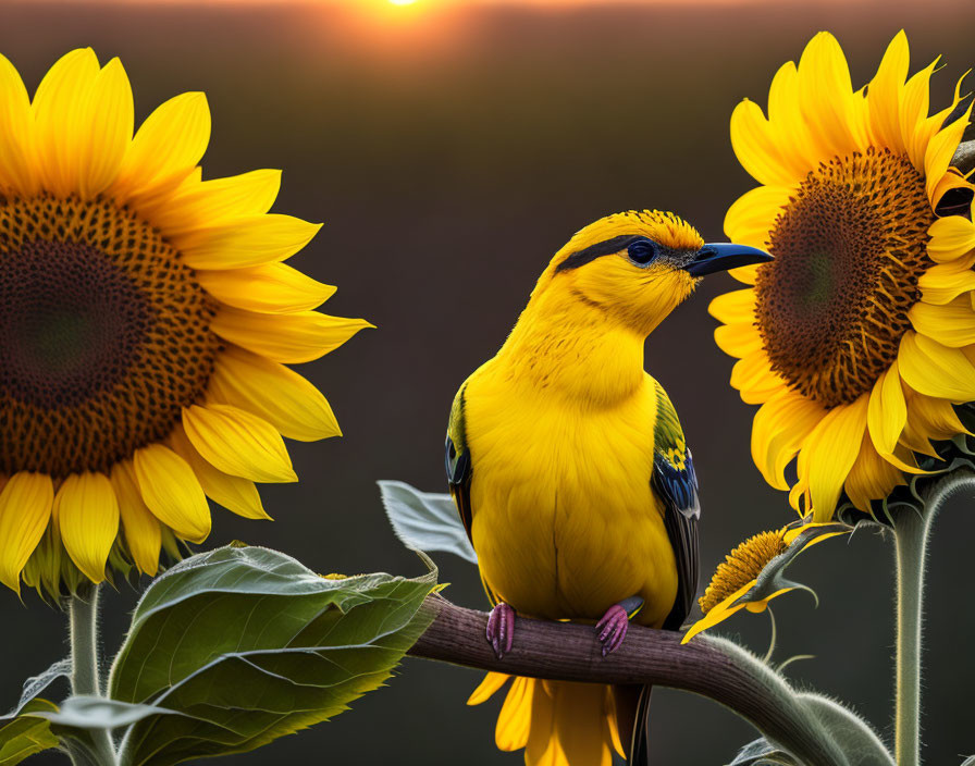 Yellow bird on branch with sunflowers and sunset.