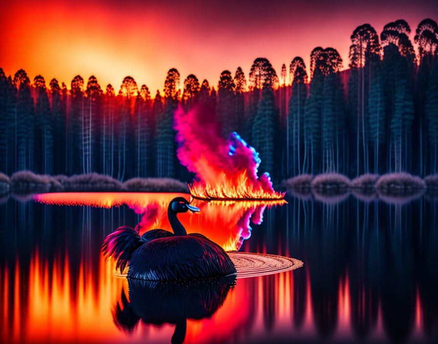 Swan with fiery wings on lake at sunset