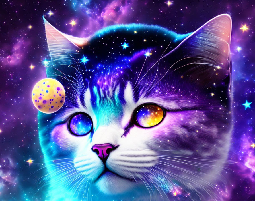 Cosmic cat digital art with galaxy fur pattern & glowing eyes