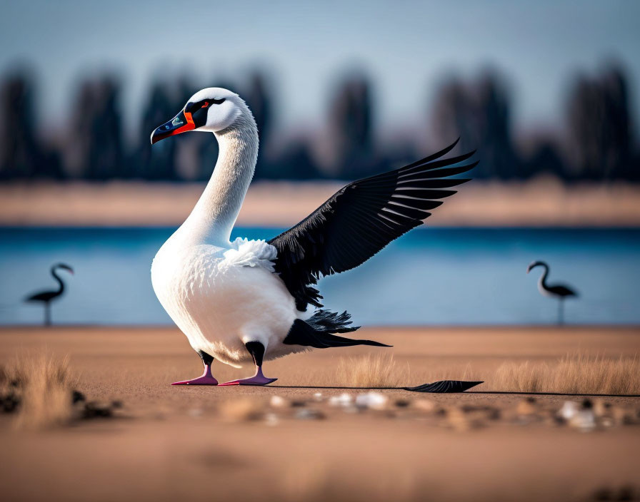 Swan flapping wings on sandy shore with blurred water backdrop.