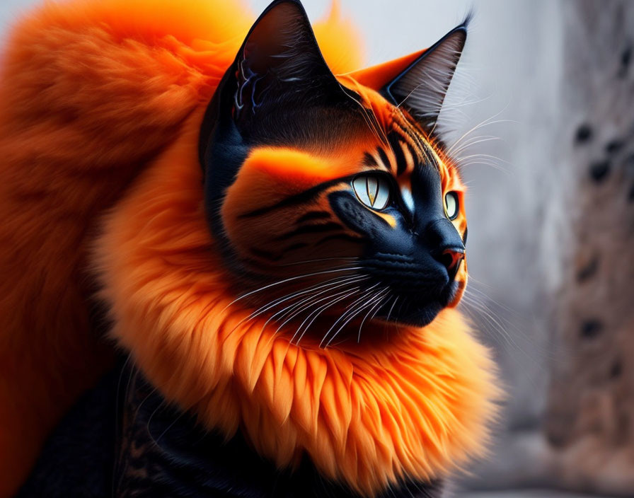 Digitally altered image: Majestic cat with orange and black fur, fox-like resemblance, yellow eyes