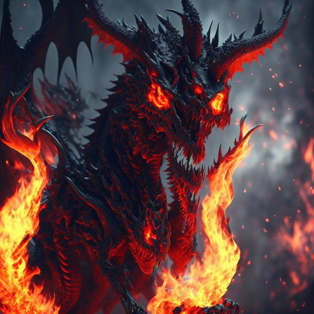 Fiery red dragon with glowing eyes and scales in flames and smoke