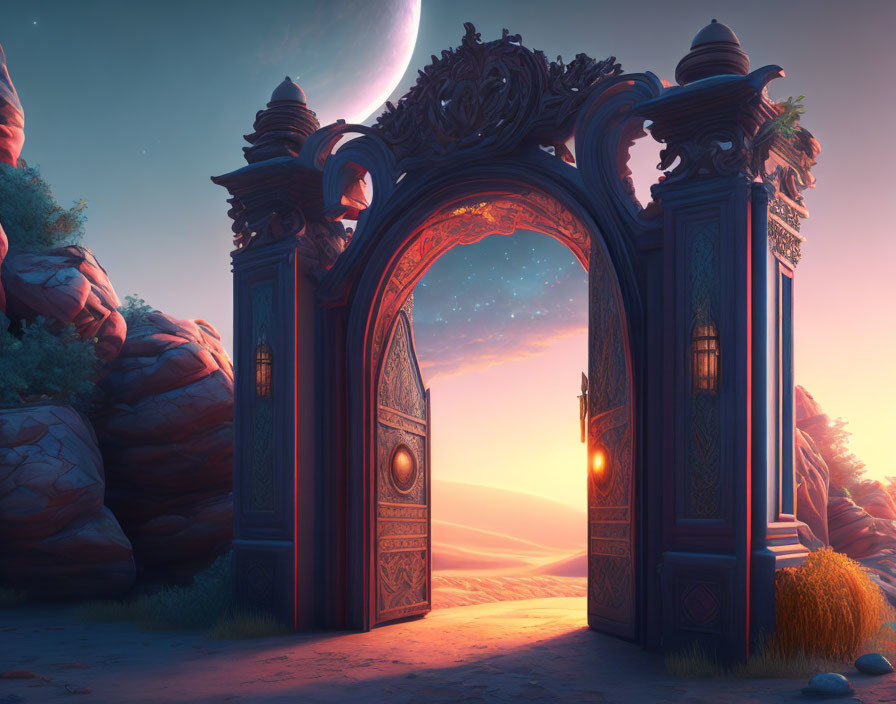 Fantasy gateway with sunset background, pillars, and crescent moon