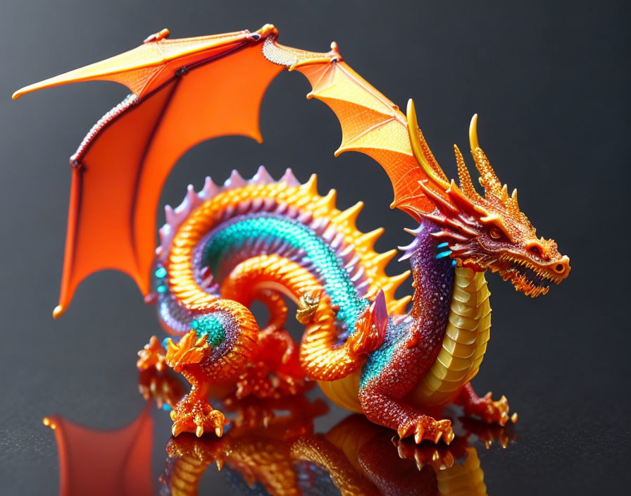 Colorful Dragon Figurine with Spread Wings and Detailed Scales