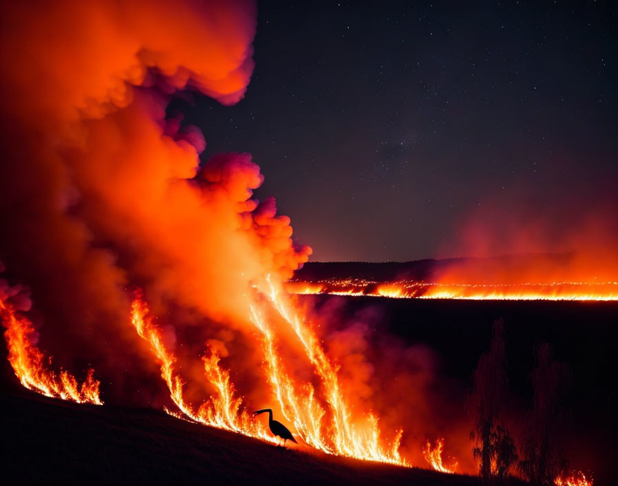 Massive Nighttime Wildfire with Towering Flames and Glowing Firelines