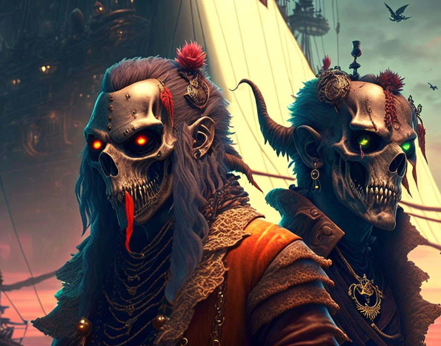 Menacing pirate skeletons with glowing eyes and horns on ship deck.