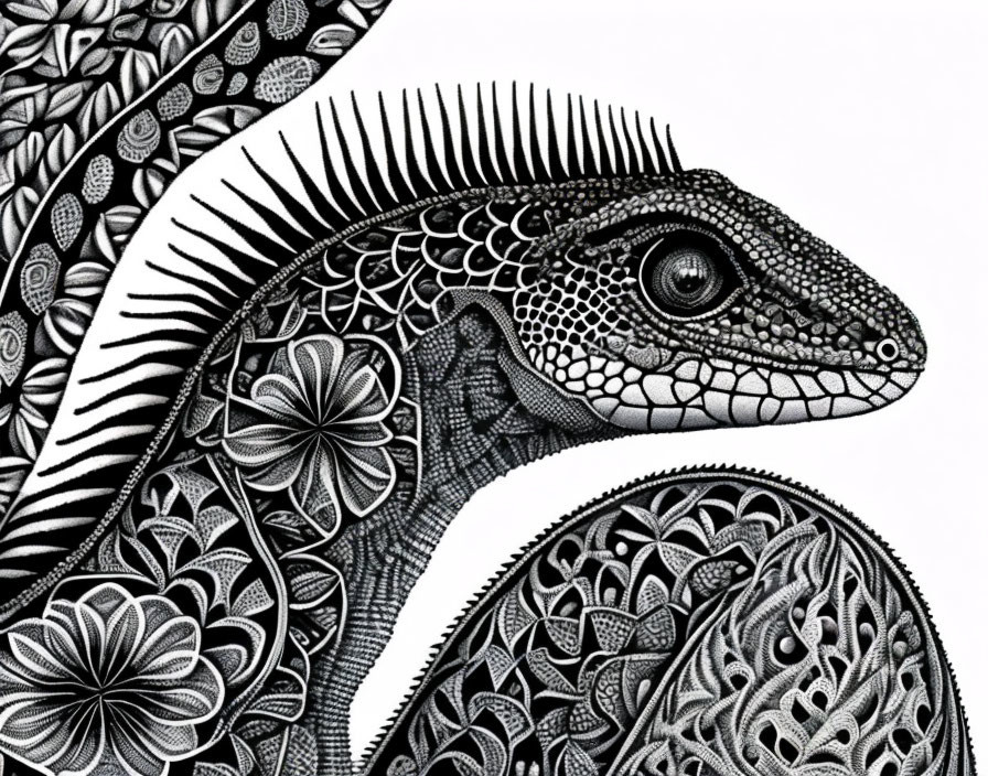 Detailed black-and-white lizard illustration with intricate patterns and textures on white background